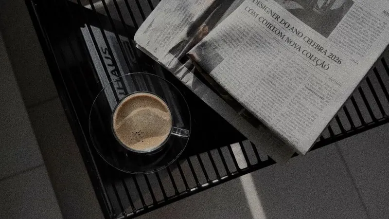 Xícara de café ao lado de um jornal dobrado sobre uma mesa escura