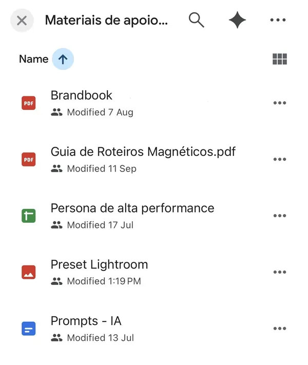 Pasta de materiais de apoio no Google Drive, com Brandbook, guia de roteiros, persona, preset e prompts