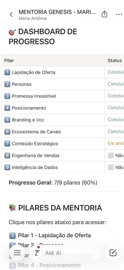 Tela do QG da Marca no Notion com o painel de progresso dos 9 pilares