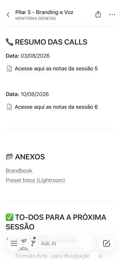 Página do pilar Branding e voz no QG da Marca, com resumo das sessões e tarefas